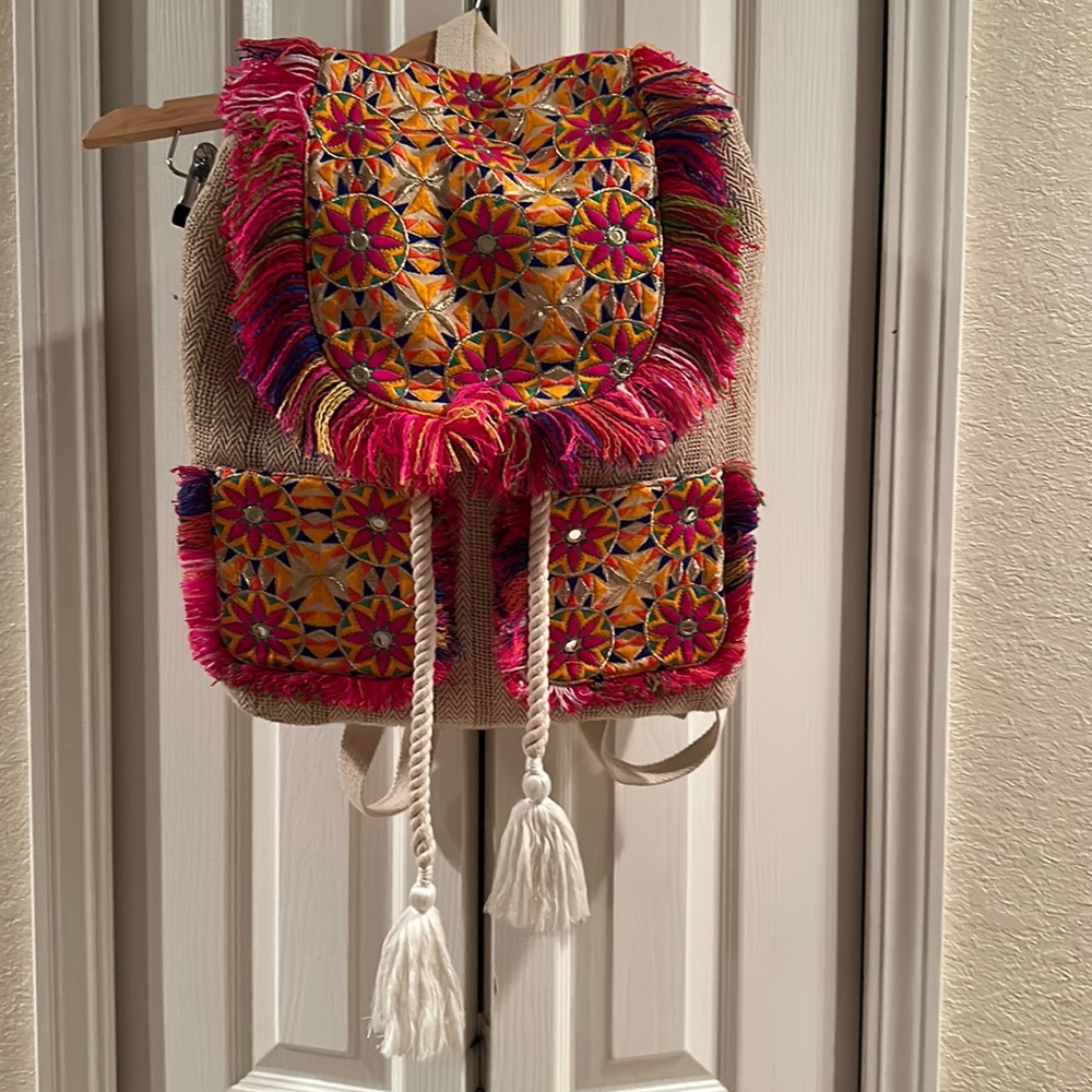Muche-et-Muchette Jute Embroidered Backpack multicolor